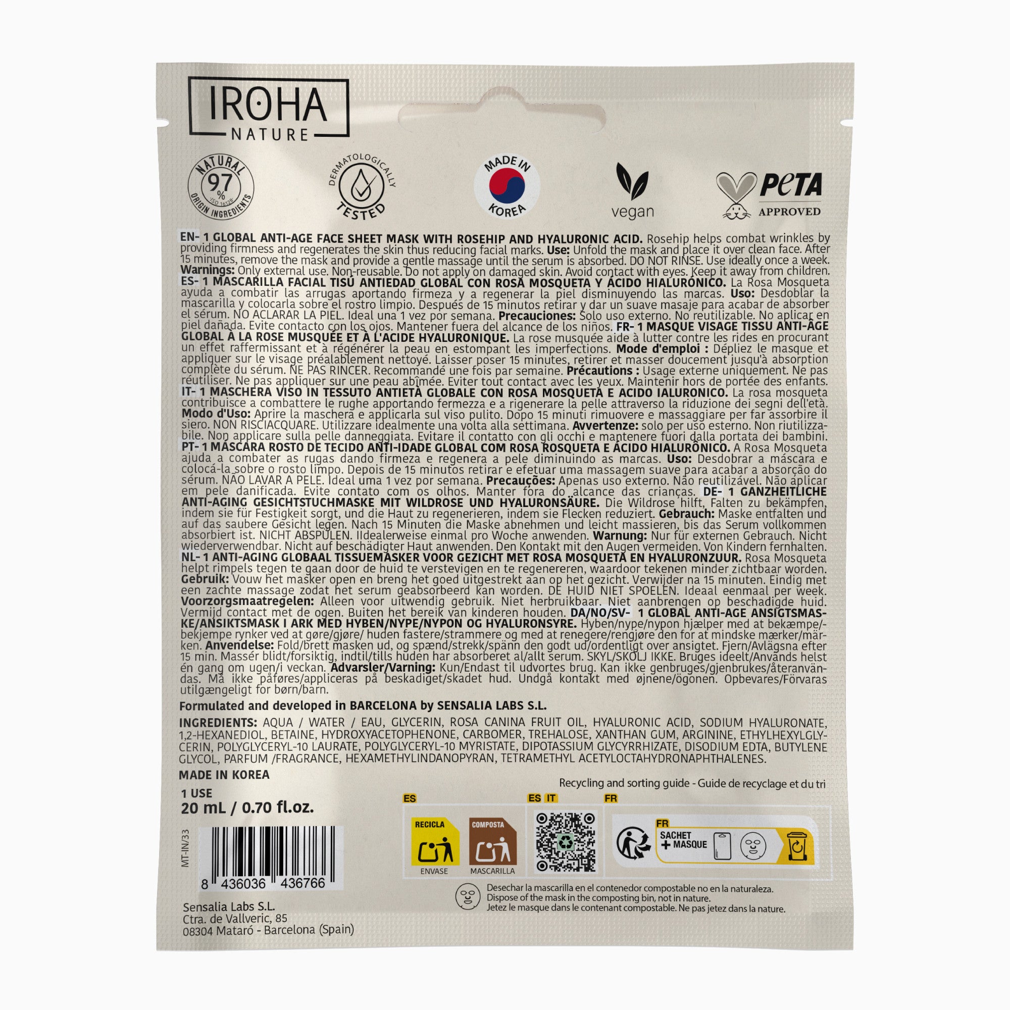 Global Anti-Age Face Sheet Mask with Rosehip