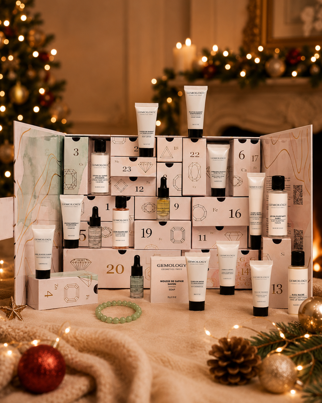 Gemology adventskalender 2026 med produktene i skuffene